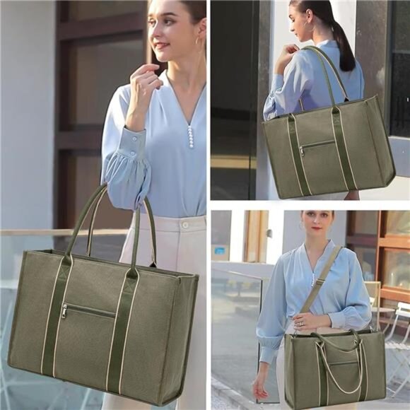 Laptop Tote Bag for Women Work Shoulder Bag 15.6 Inch Canvas Messenger Purse - Picture 2 of 7